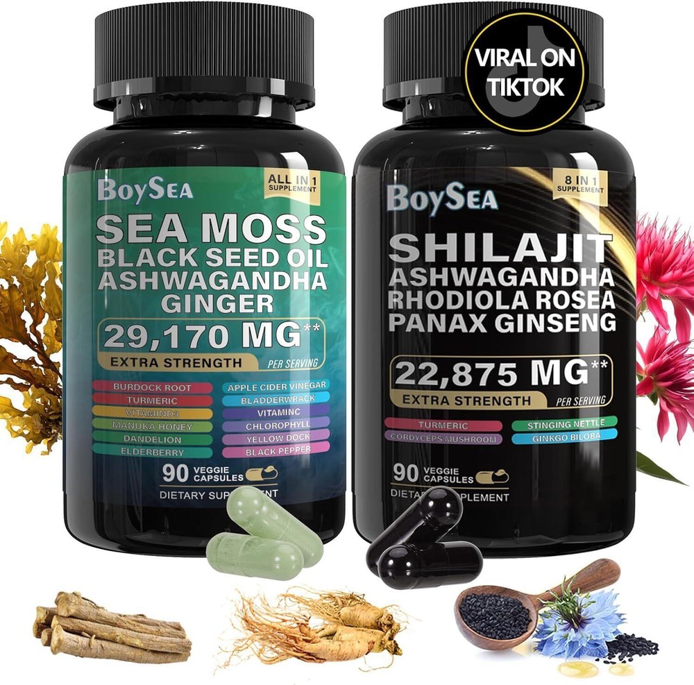Boysea.Sea Moss and shilajit Bundle - 90 Count - Sea Moss 7000mg, Black Seed Oil