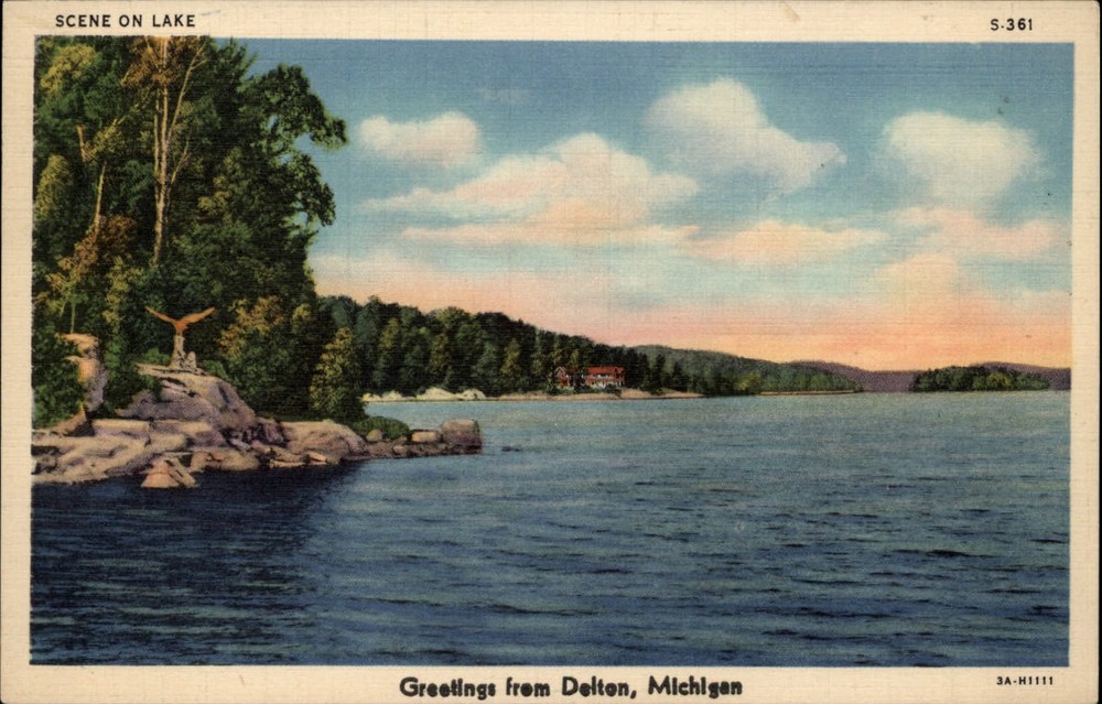 Delton Michigan ~ Greetings from ~ lake view ~ sunset ~ linen postcard sku077