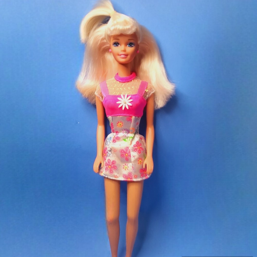 Flower Fun Barbie Doll 1996 Blonde Complete Outfit Spring Dress Pink Shoes