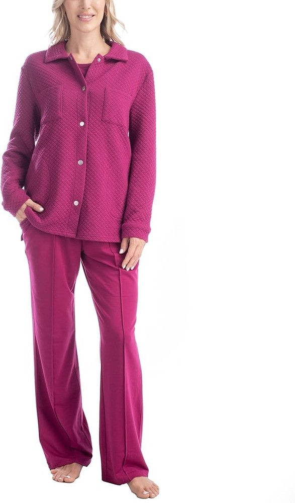 NWT TM Muk Luks Quilted Shacket 2 Piece Lounge Set Pants with Jacket Berry Pink
