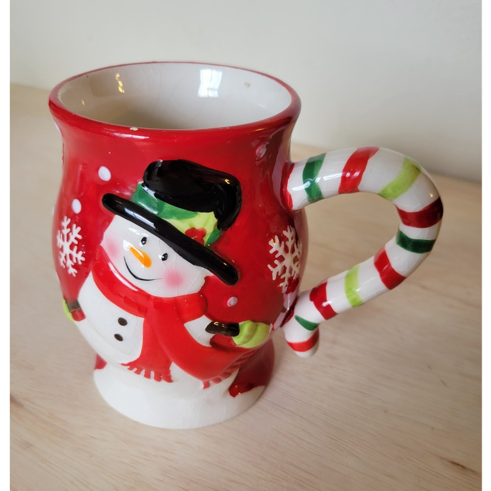 Christmas Snowman Ceramic Mug w/ Candy Cane Handle, Red White Green