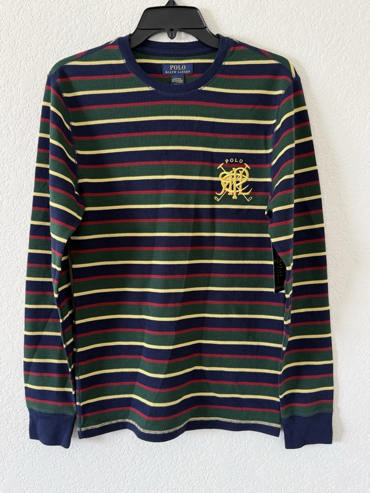 Polo Ralph Lauren Red Blue Green Stripe Waffle Knit Thermal Shirt Men's Small