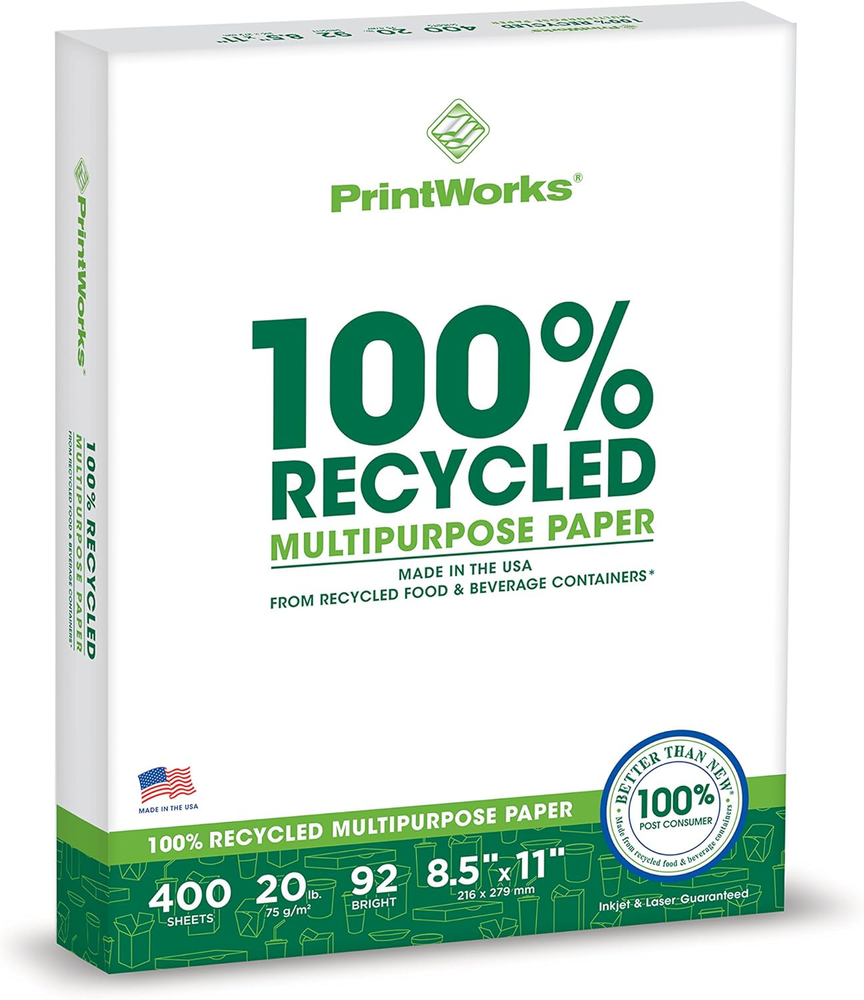 100% Recycled Multipurpose Paper, 20lb, 8.5x11 Inches, 400 Sheets, White
