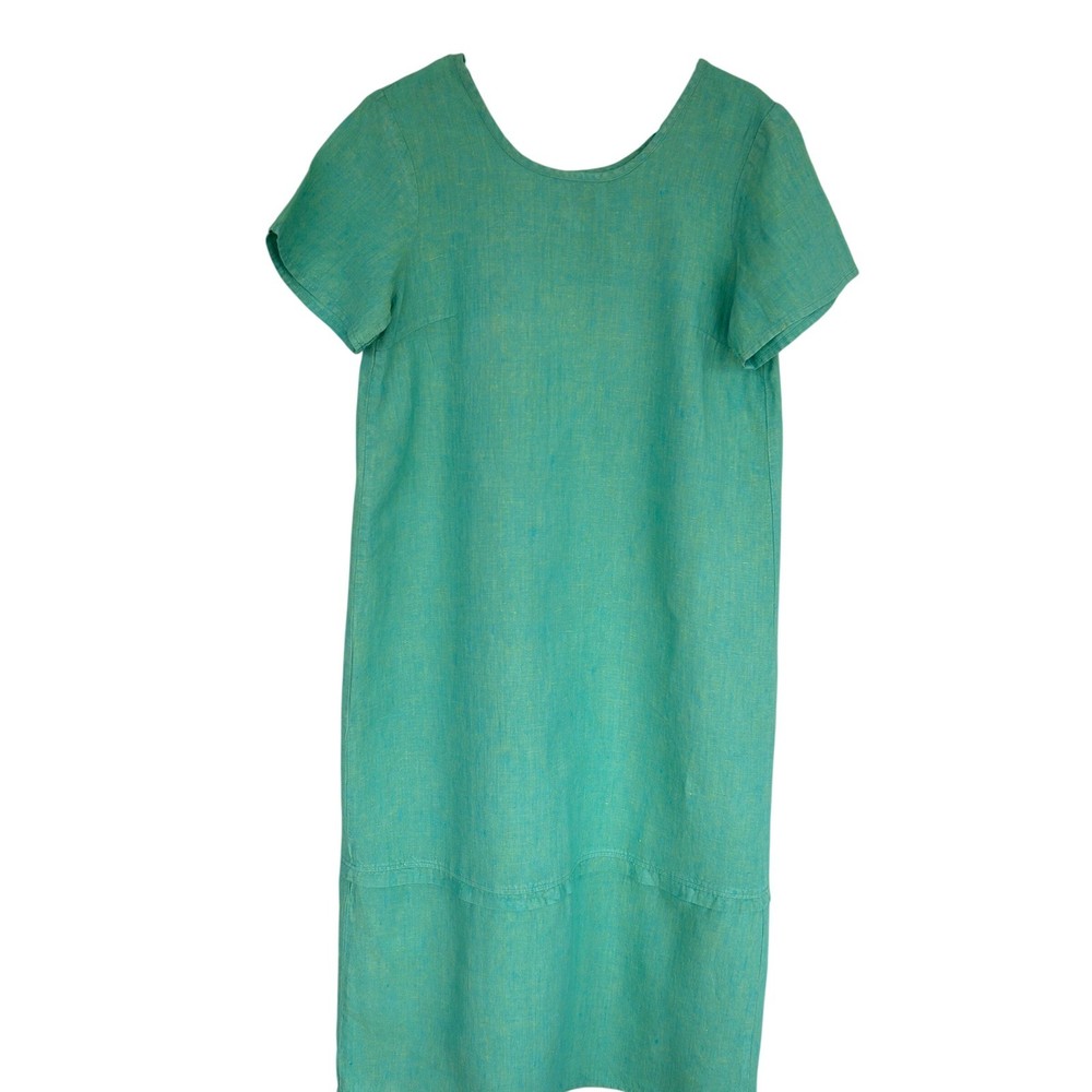 FLAX Women's Linen Teal Short Sleeve Shift Dress Simple Superb Size Small