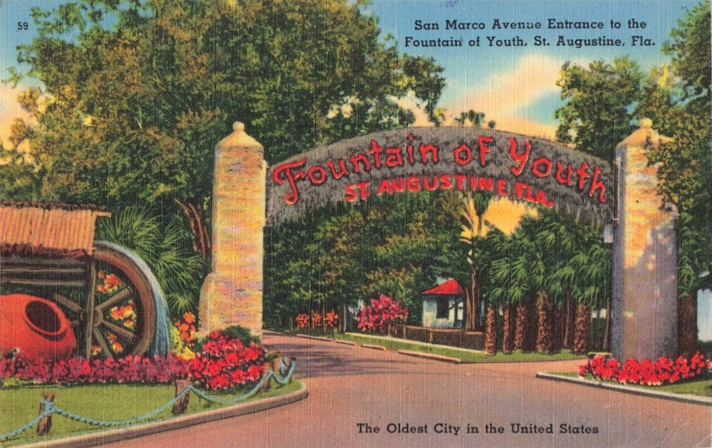 St Augustine Florida, San Marco Ave Entrance Fountain of Youth, Vintage Postcard
