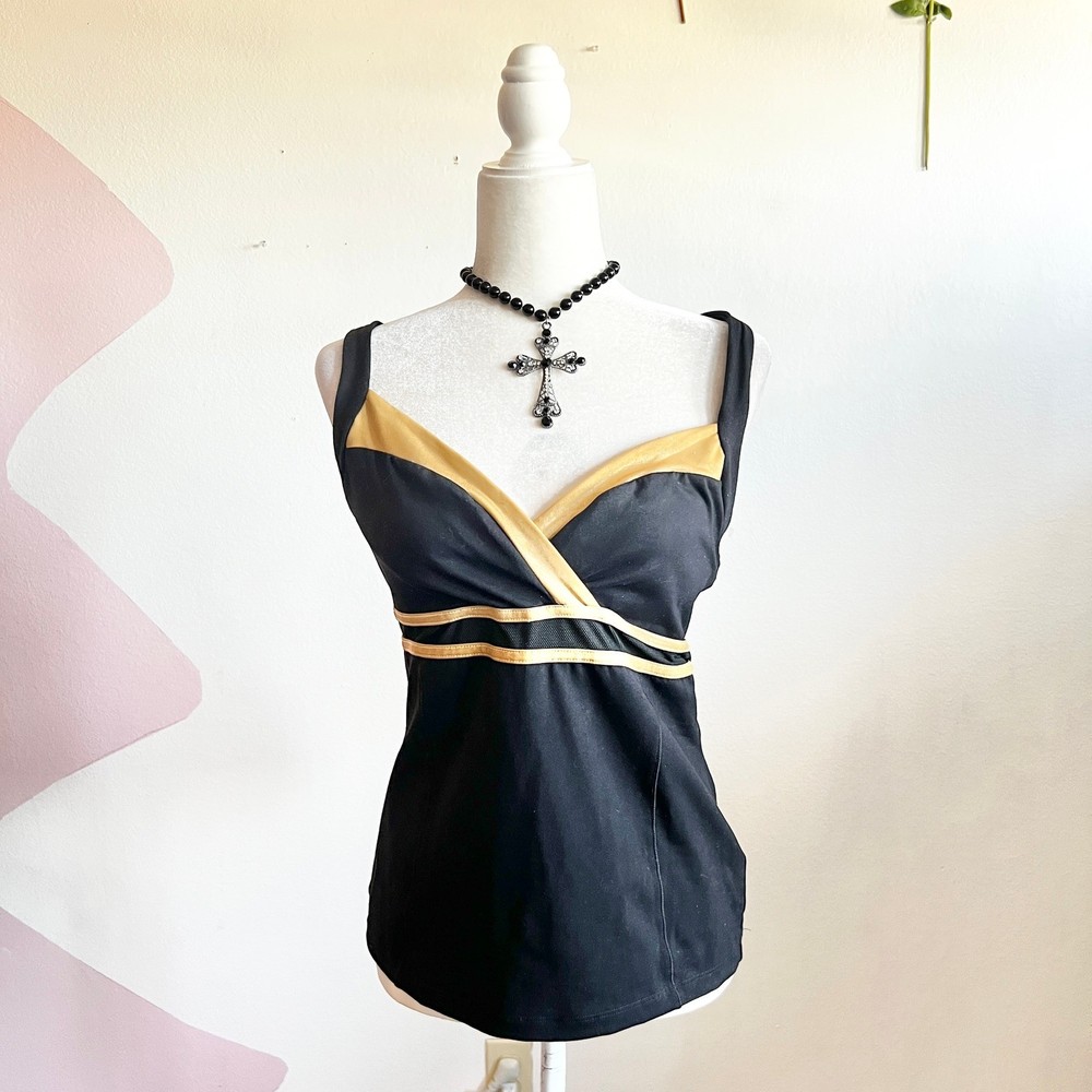 Bebe Sport 2000s Sports Tank Top Y2K Black Gold Women's Large Vintage