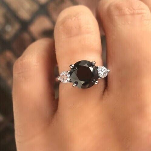 2Ct Round Cut Simulated Black Diamond Three Stone Ring In 14K White Gold Plated