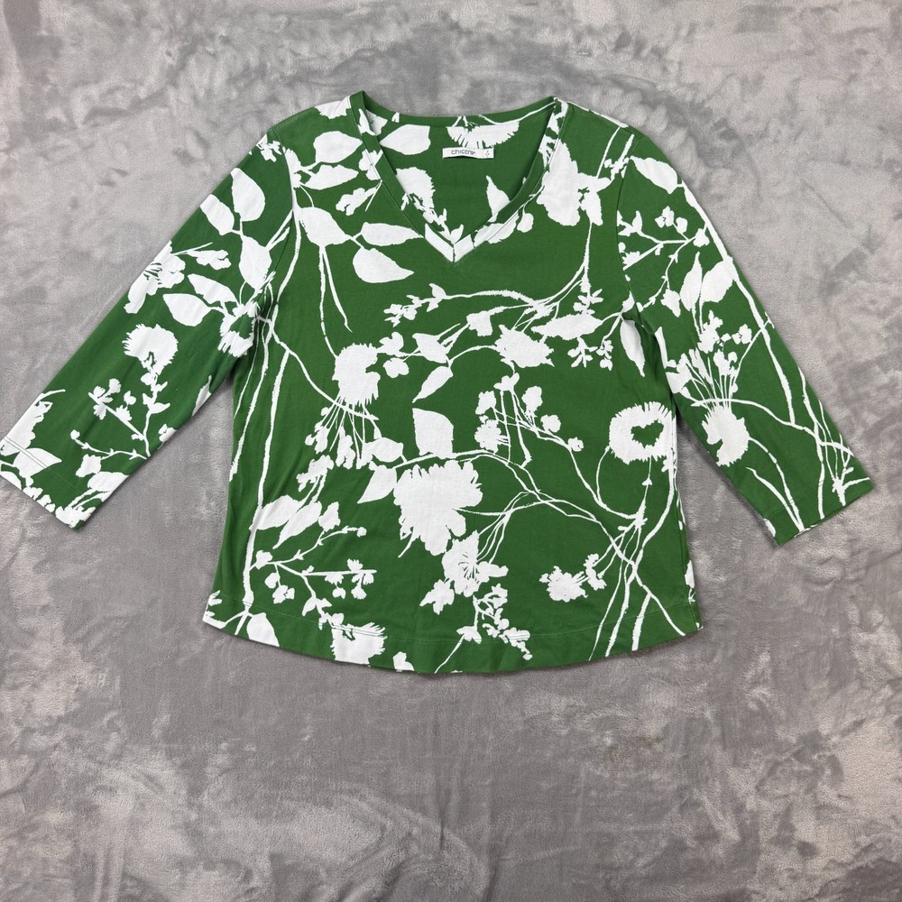 Chico's Pima Cotton Green Floral V-Neck Every Day T-Shirt Size 2 large