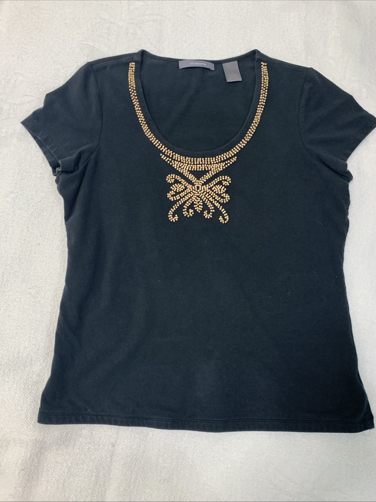 Liz Claiborne Black Short Sleeve Top with Wood Sequins