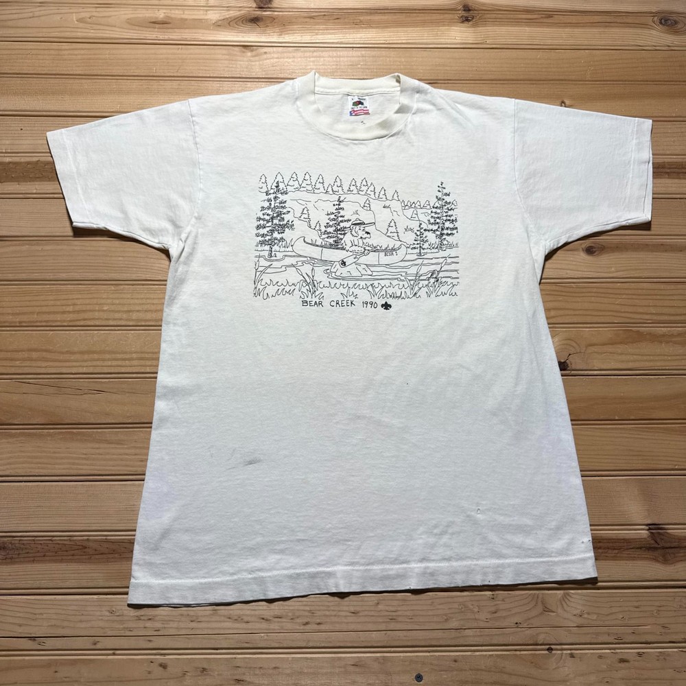 Vintage 1990 Bear Creek Scout Ranch Canoe Graphic Cartoon T-Shirt USA - Large