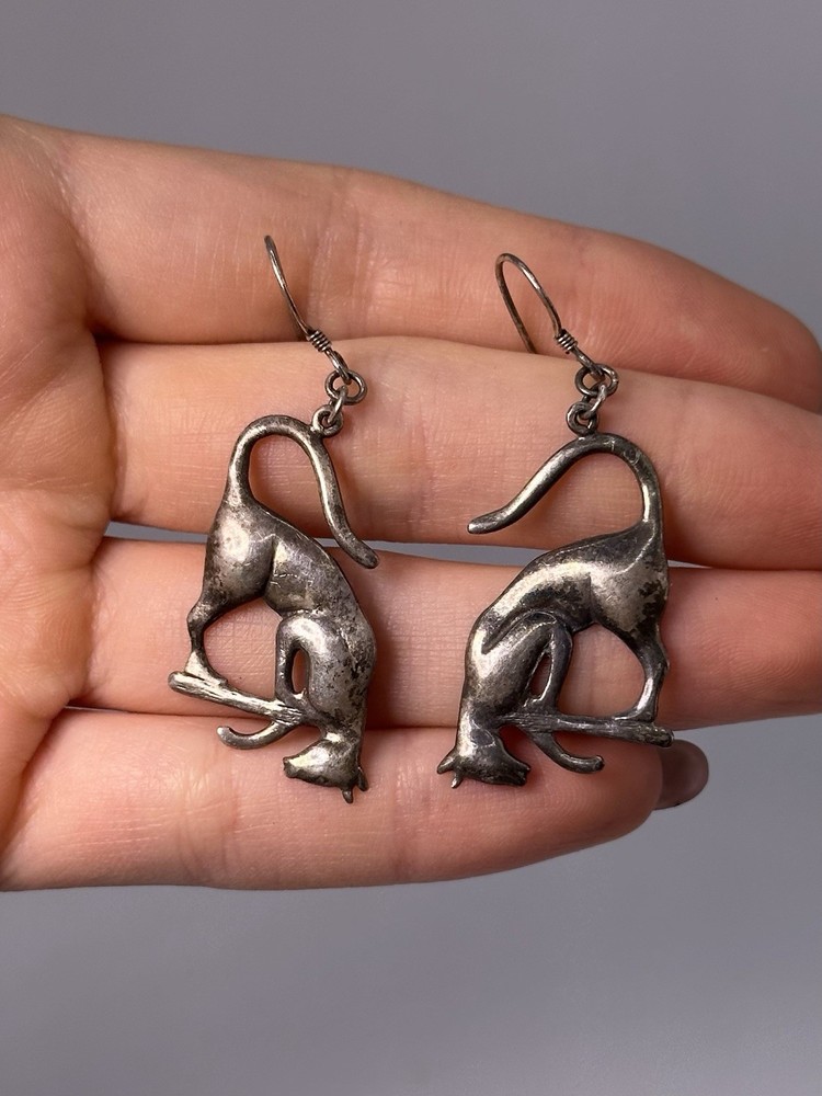 Vintage 925 Sterling Silver Cat Dangle Animal Statement Earrings