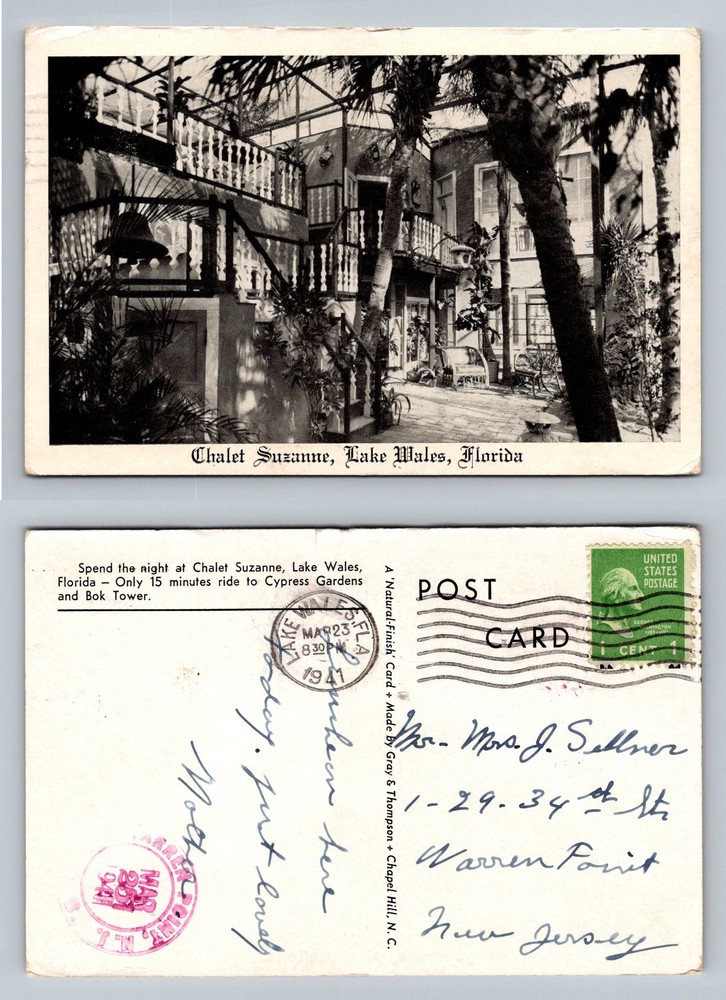 Lake Wales, FL-Florida, Chalet Suzanne Courtyard Balcony c1941 Vintage Postcard