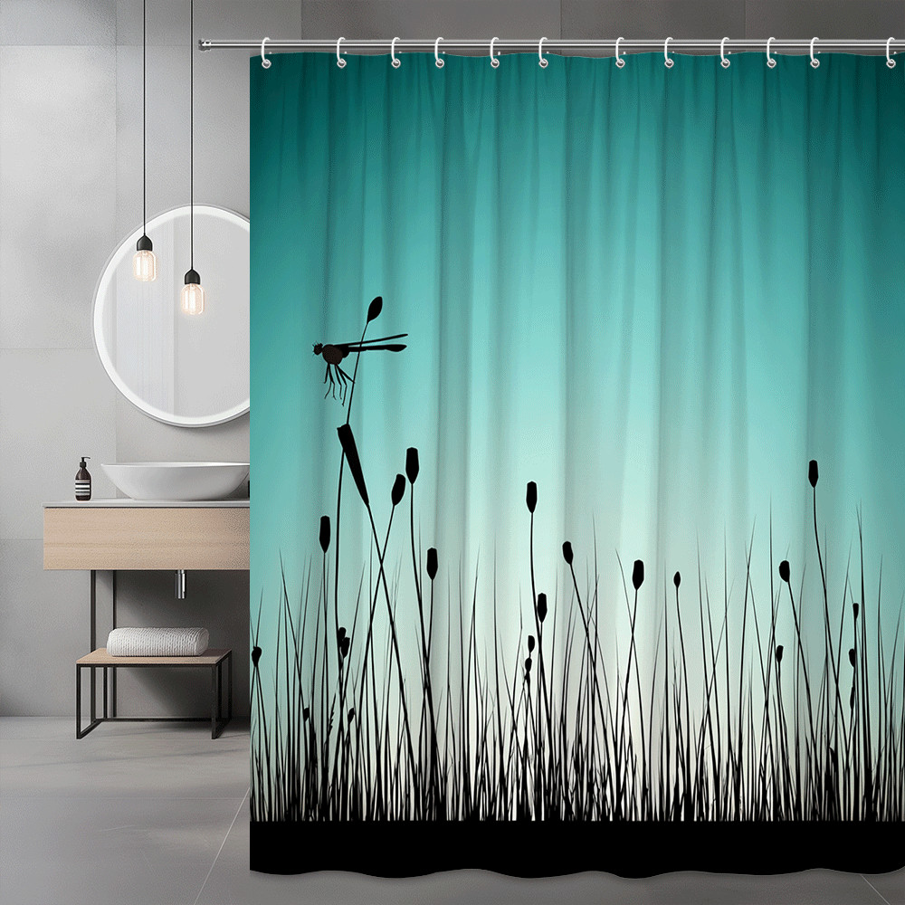 Dragonfly Grass Silhouette Shower Curtain Teal Black Nature Print