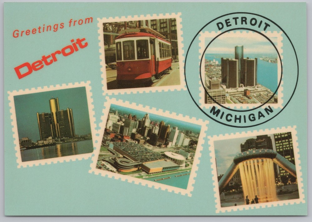State View~5 Views of Detroit On Stamps Greeting Card~Continental Postcard