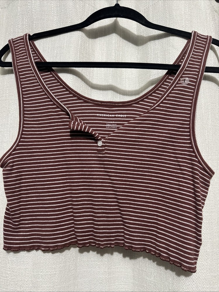 American Eagle Women's Ribbed Tank Top L Burgundy White Striped