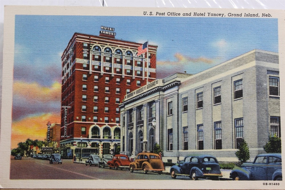 Nebraska NE Grand Island US Post Office Hotel Yancey Postcard Old Vintage Card