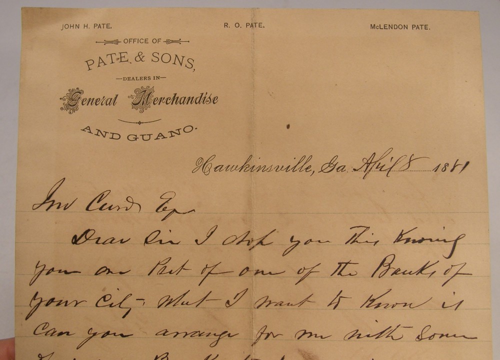 Antique 1881 Letterhead Pate & Sons General Store Hawkinsville Ga Pulaski County