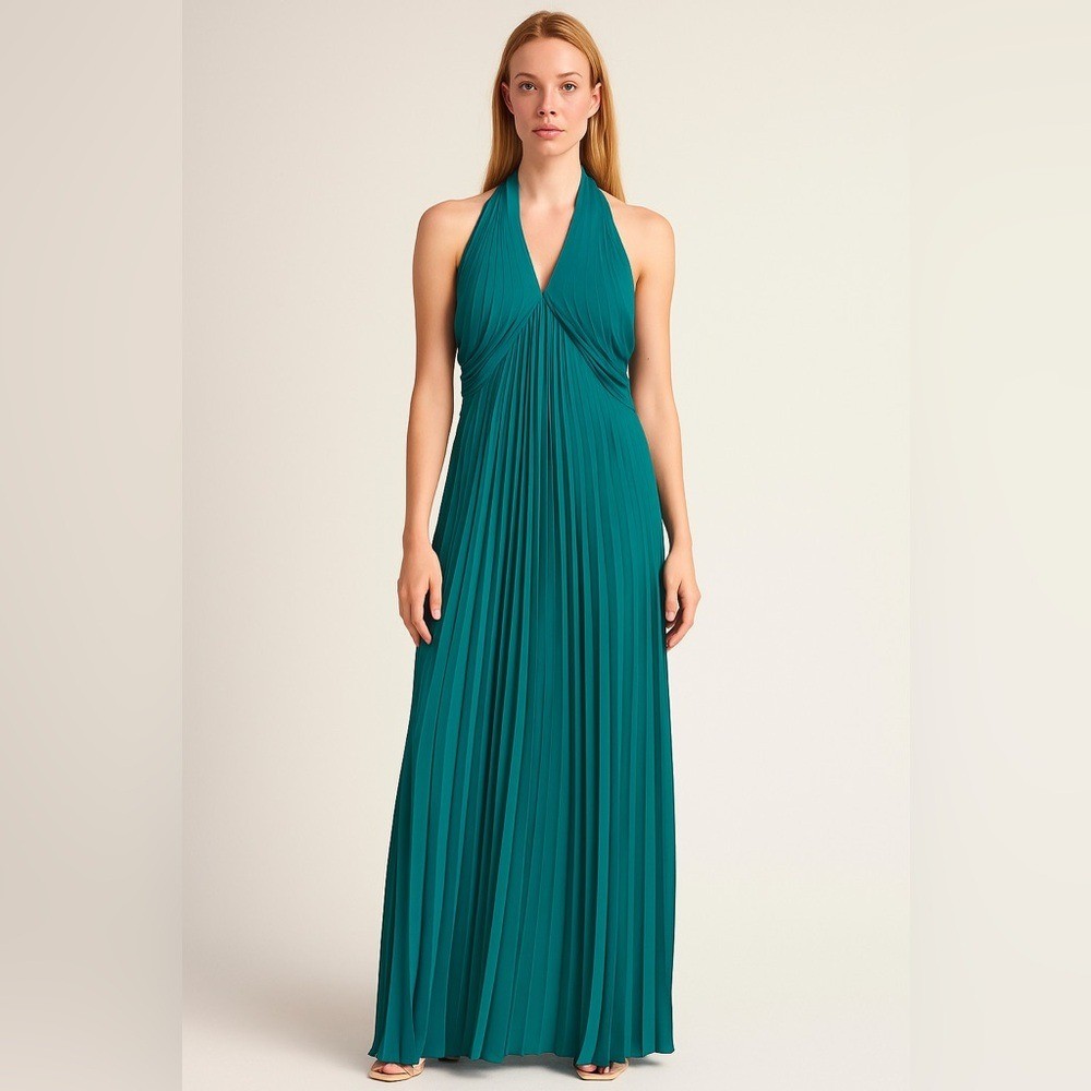 Reiss Roya Emerald Green Pleated Halter Midi Dress | Size 4