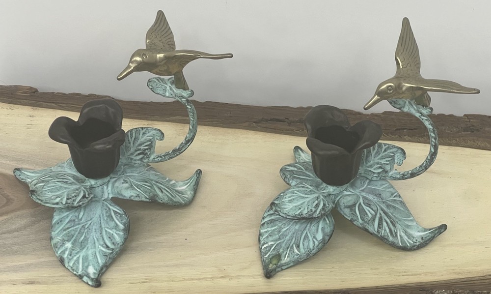 Vintage Andrea by Sadek Brass Hummingbird Verdigris Flower Taper Candle Holders