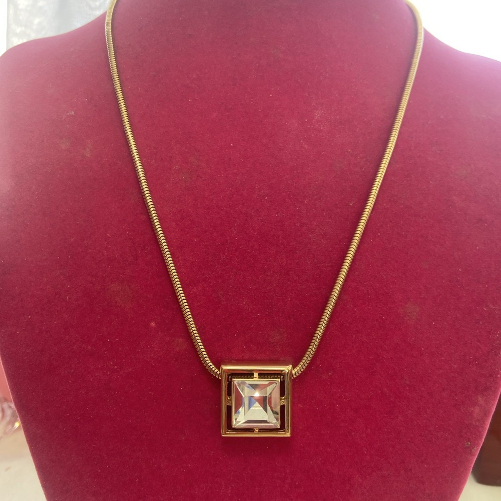 Vintage Avon Necklace Gold Tone Crystal Square Pendant Snake Chain 18 Inch