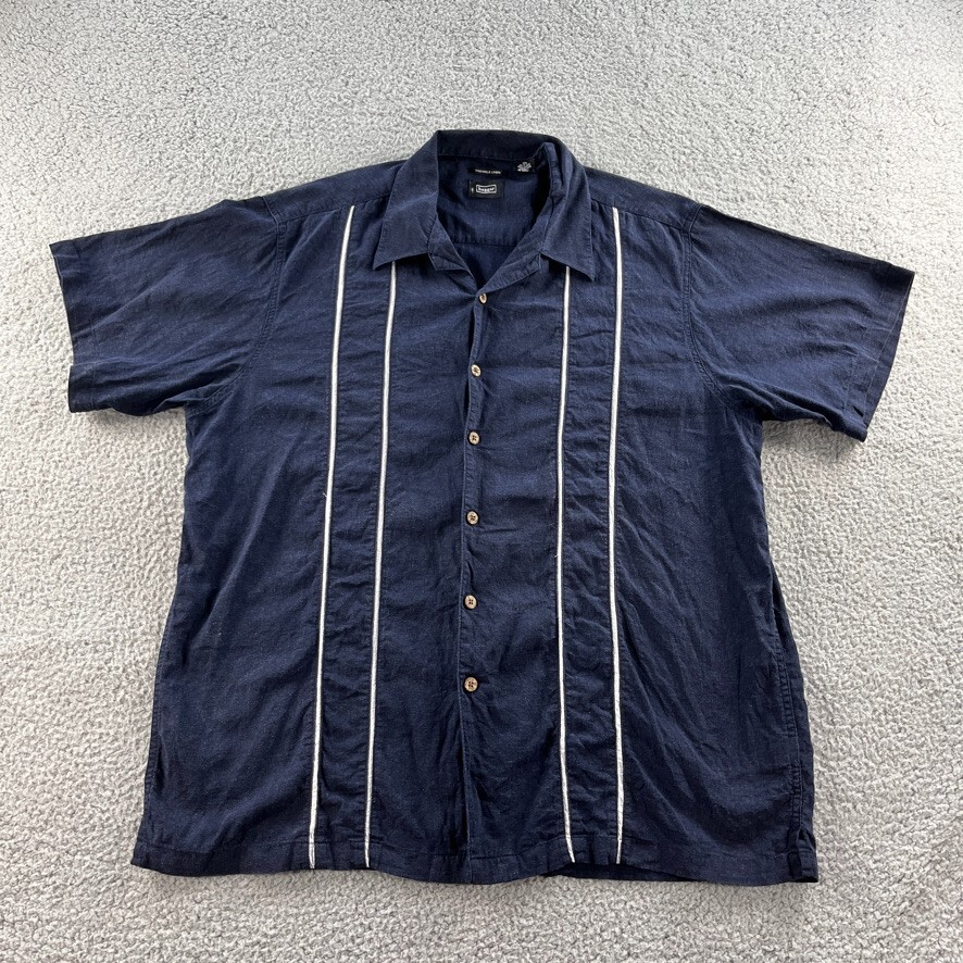 Haggar Shirt Mens 2XL XXL Blue Striped Button Up Washable Linen Blend Camp Beach