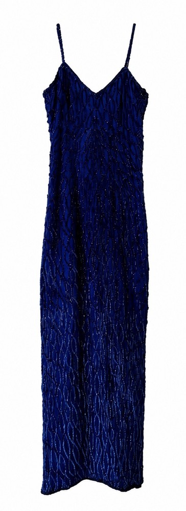 Vintage Laurence Kazar New York Blue Silk Beaded Maxi Evening Gown Dress PP