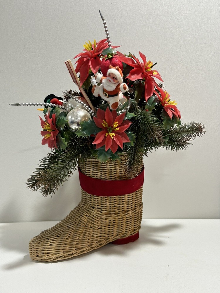 VTG Kitschy Wicker Boot Planter Plastic Floral Foliage Santa Snowman Reindeer