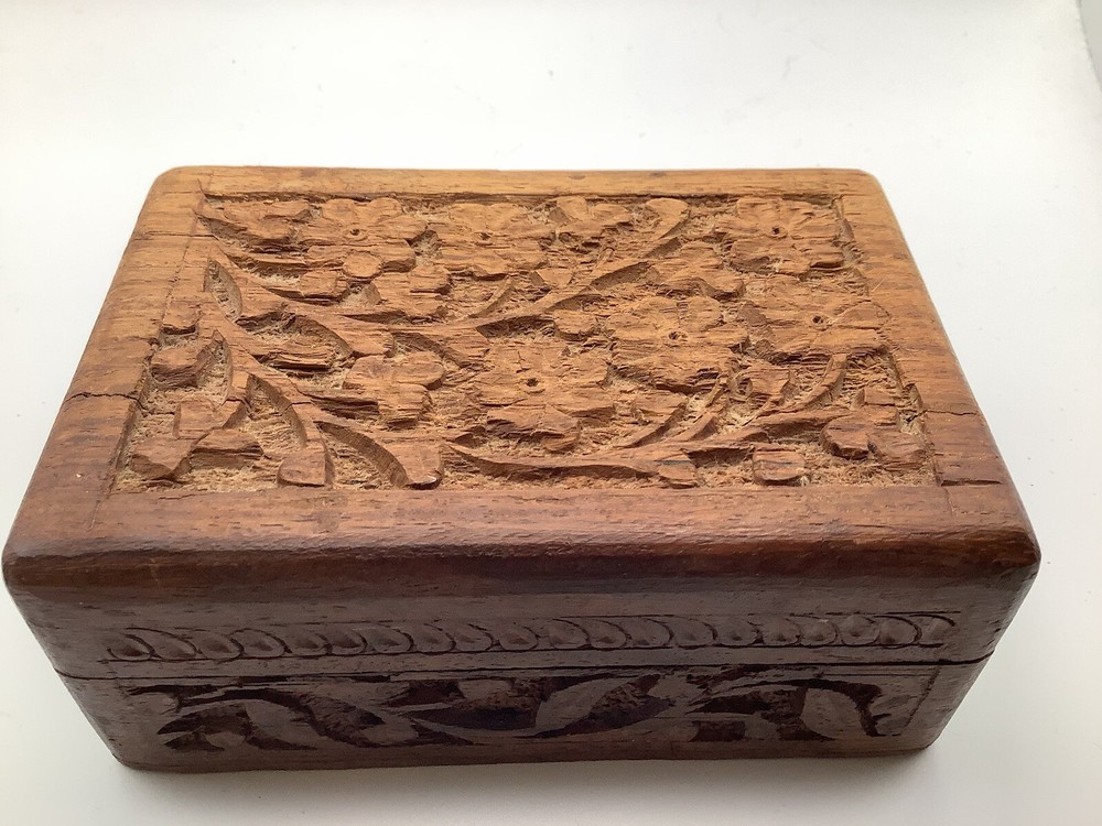 Handcrafted Vintage Wooden Jewelry Box with Velvet Lining 5x3.5 Floral Carved Design from India