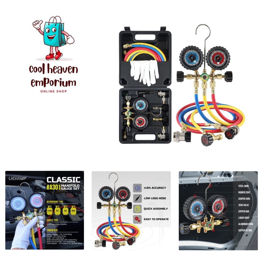 R134a R22 R12 R502 AC Manifold Gauge Set with 5FT Hose and Couplers-image