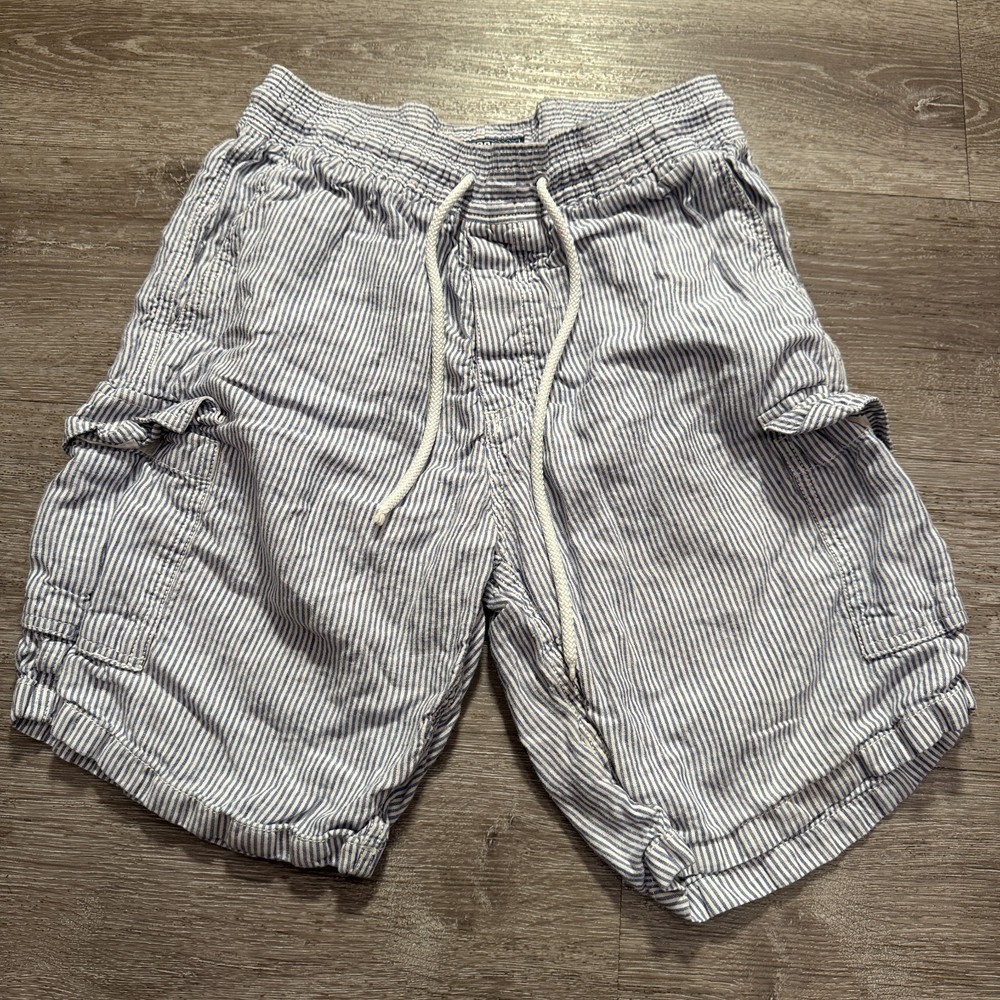Vilebrequin Shorts Mens Medium Blue Striped Cargo Linen Drawstring Beach Bermuda