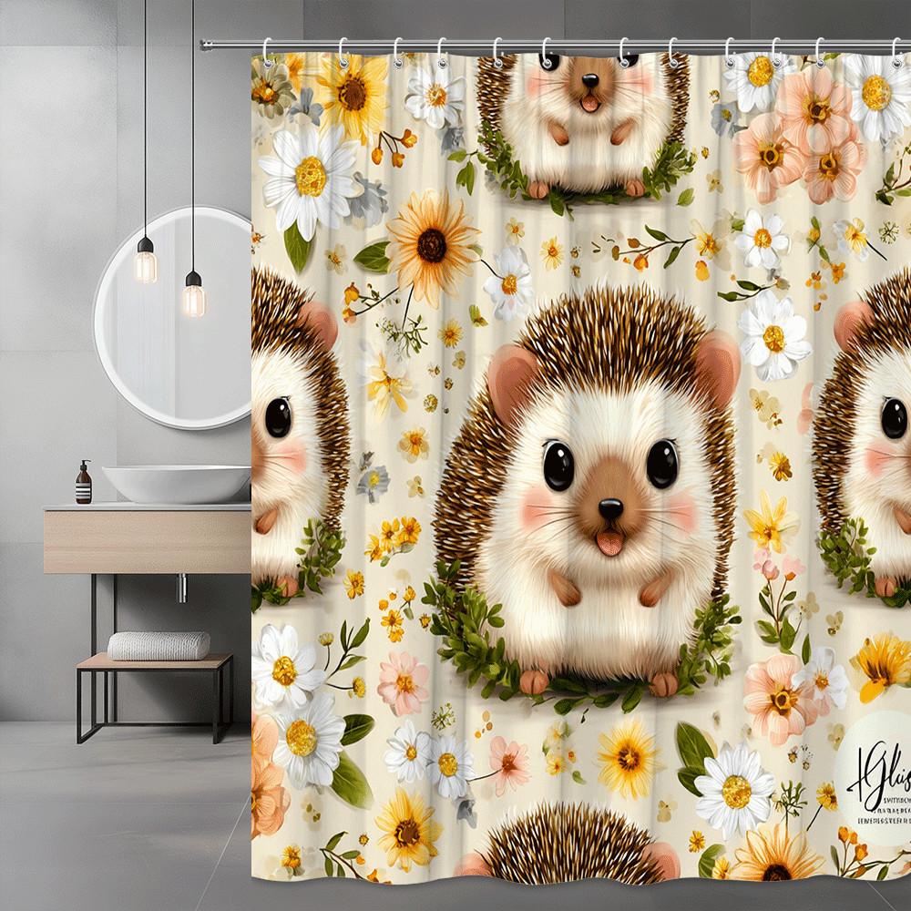 Hedgehog and Floral Print Shower Curtain, Cute Animal Decor