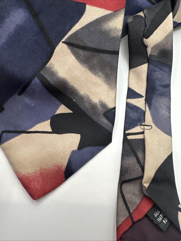 Vintage Adolfo Men’s Necktie Gray Blue Red Black Tan Art Deco Silk Tie