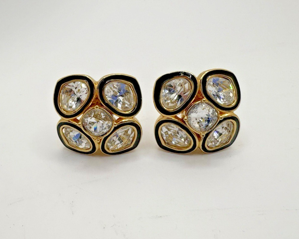 Vintage Art Deco Christian Dior Black Enamel Gold Tone Crystals Clip-on Earrings