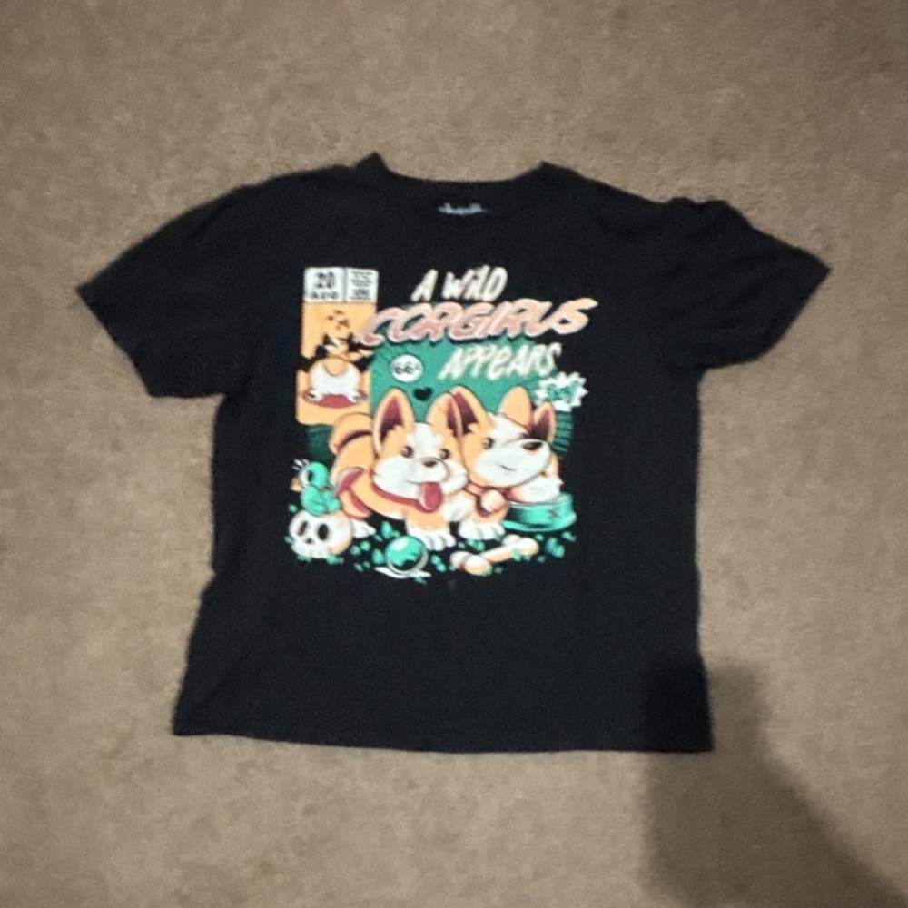 Threadless Men's Black Graphic Corgi Cotton Short Sleeve T-Shirt Size L