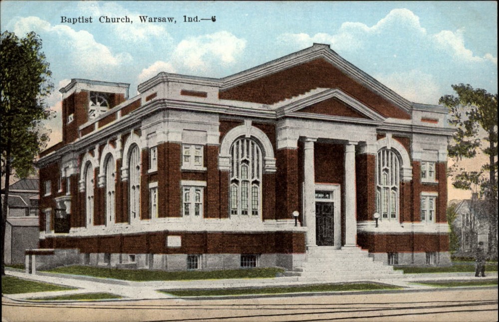 Baptist Church Warsaw Indiana architecture ~ vintage postcard
