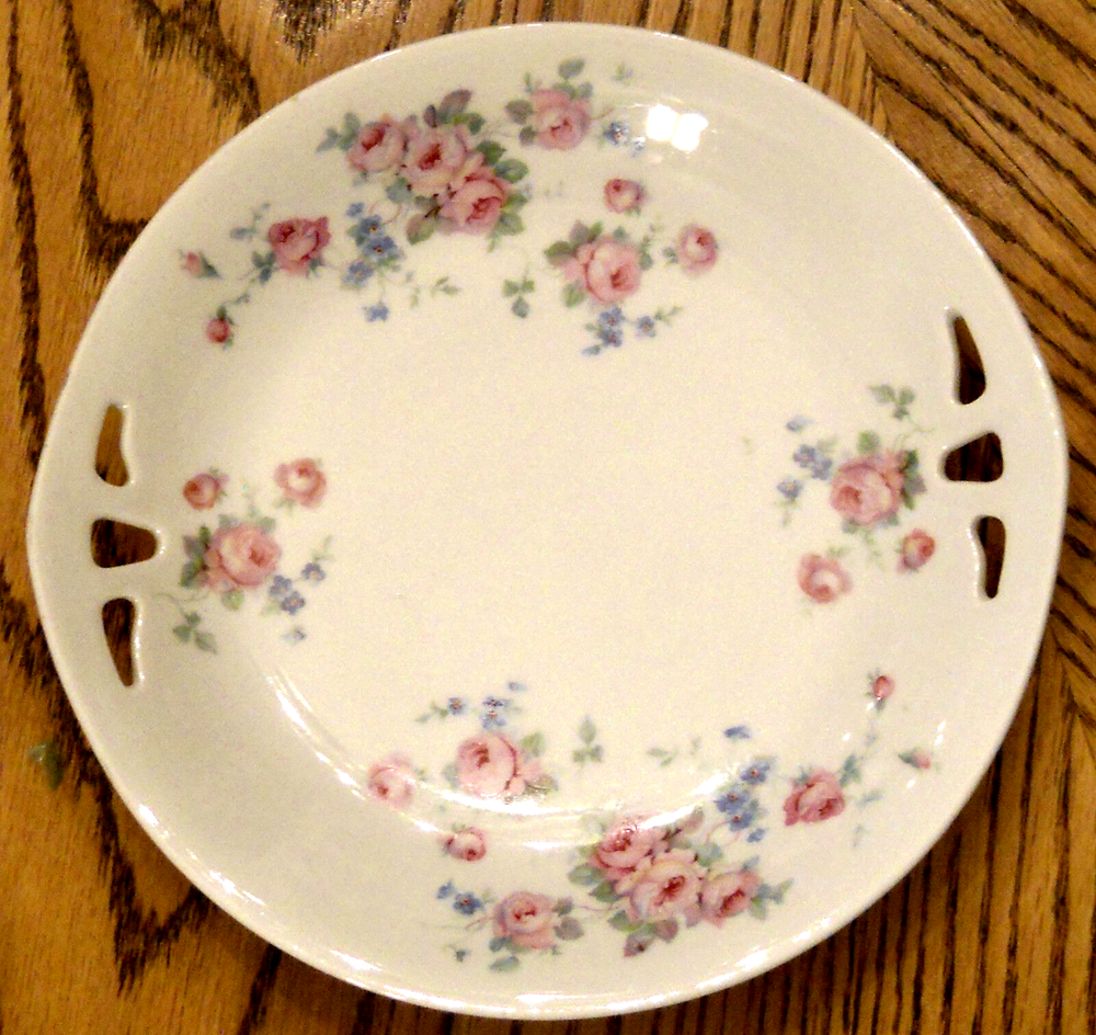 Vintage German Roman V Pink Roses Porcelain Cake Plate with Open Tab Handle  