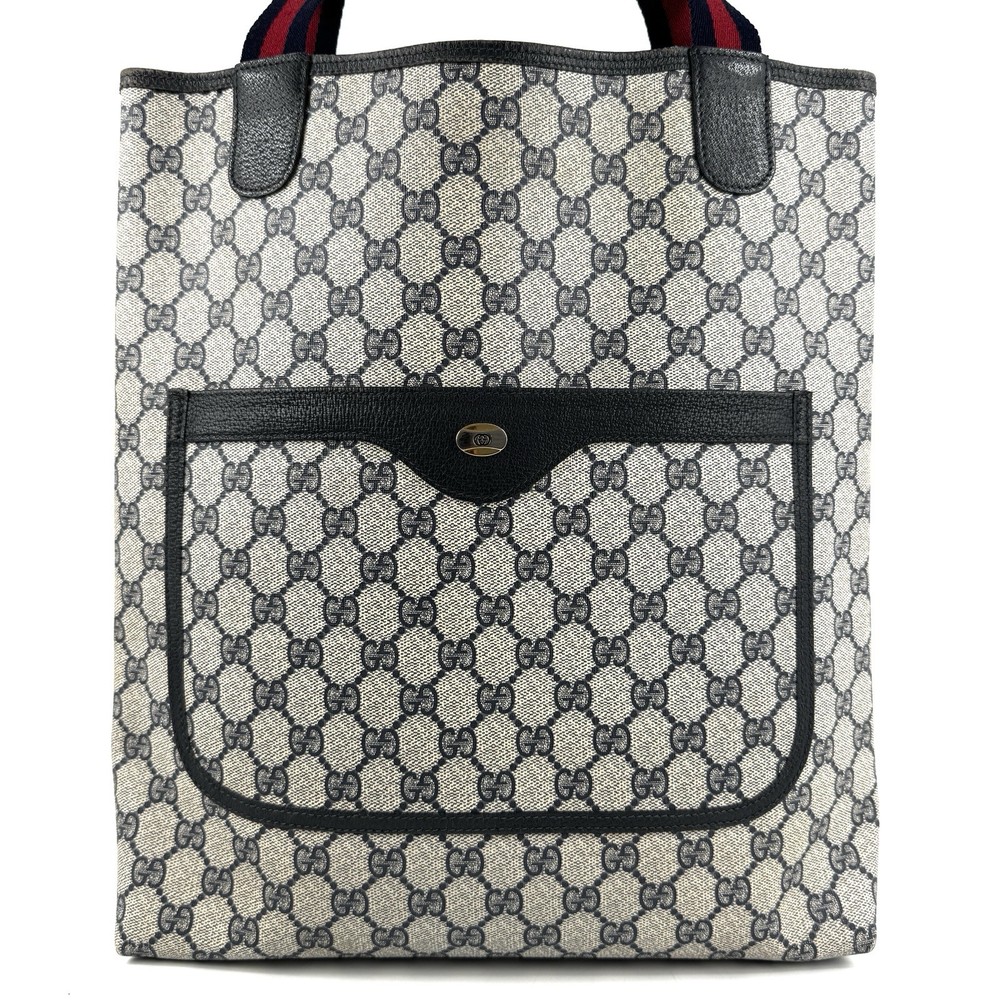 Vintage GUCCI Sherry Line Navy PVC Leather Tote from Japan