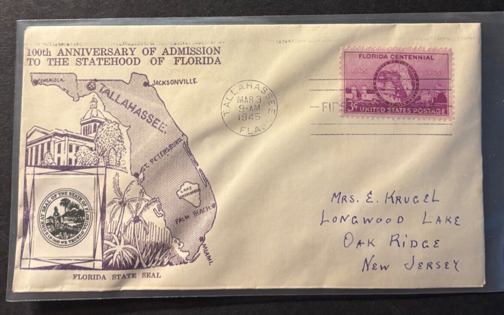 #927 Florida Statehood single FDC with Crosby cachet