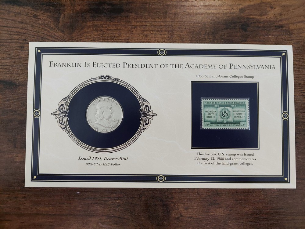 Benjamin Franklin Elected Pres. of Academy of PA- Half Dollar Coin + Stamp Set-image