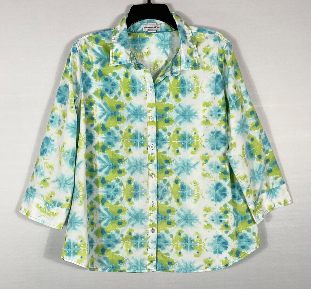 Caribbean Joe Top Womens XL Aqua Green Button Up 3/4 Sleeves Outdoors Camp Shirt