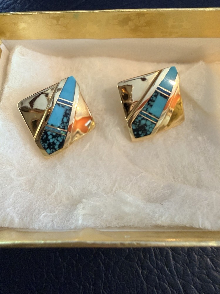 Ray Tracey Knifewing 14K Gold Multi-Stone Inlay Earrings - Rare