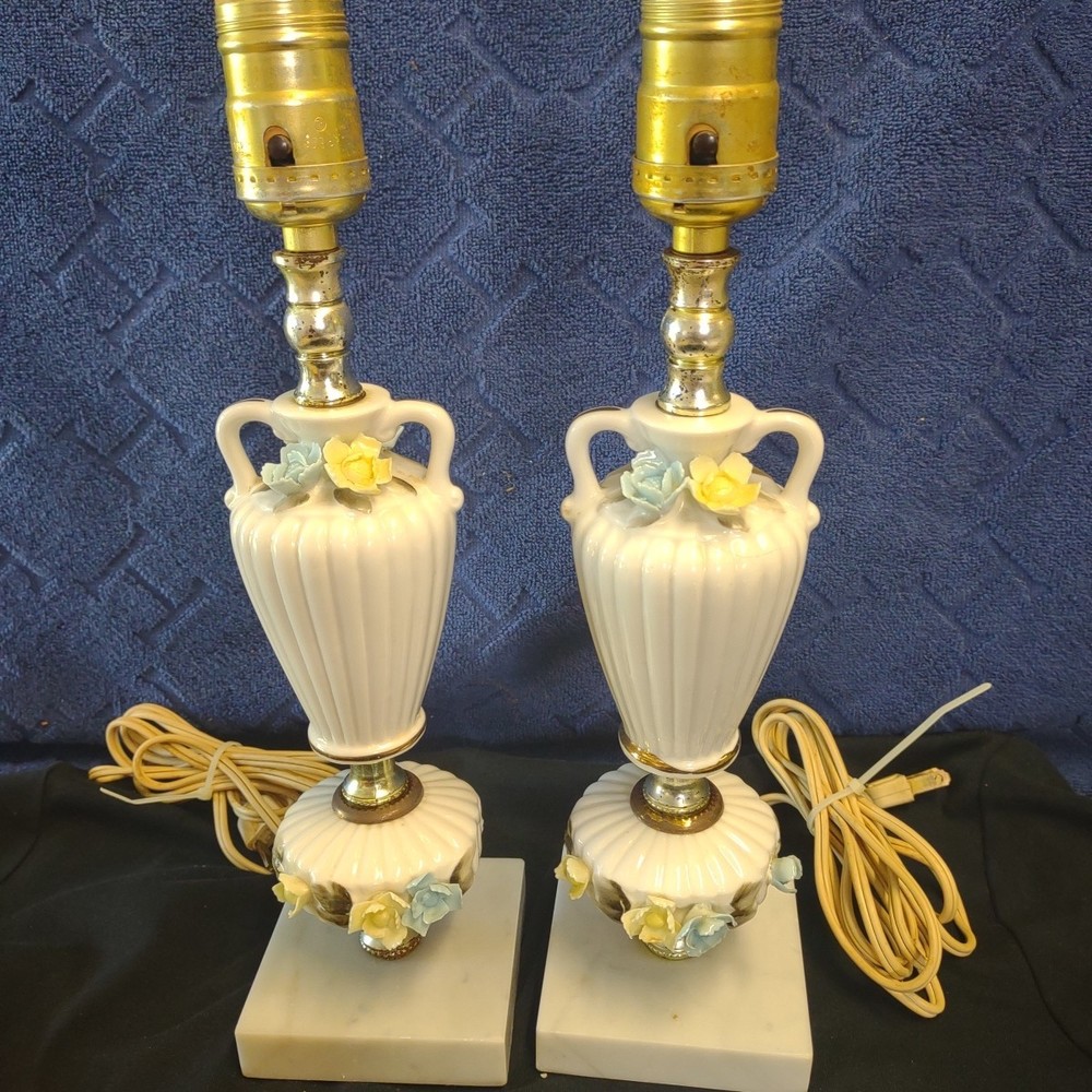 Vintage Pair Of Japan Porcelain Table Lamps With Flowers On Marble Base