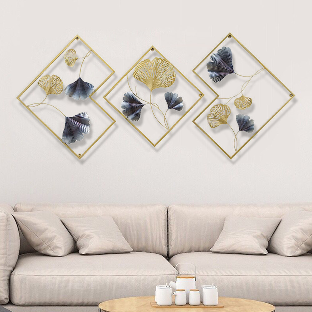 3Pcs 164 x 70.5 cm Metal Wall Art Hanging Sculpture Decor 3D Ginkgo Gold & Blue
