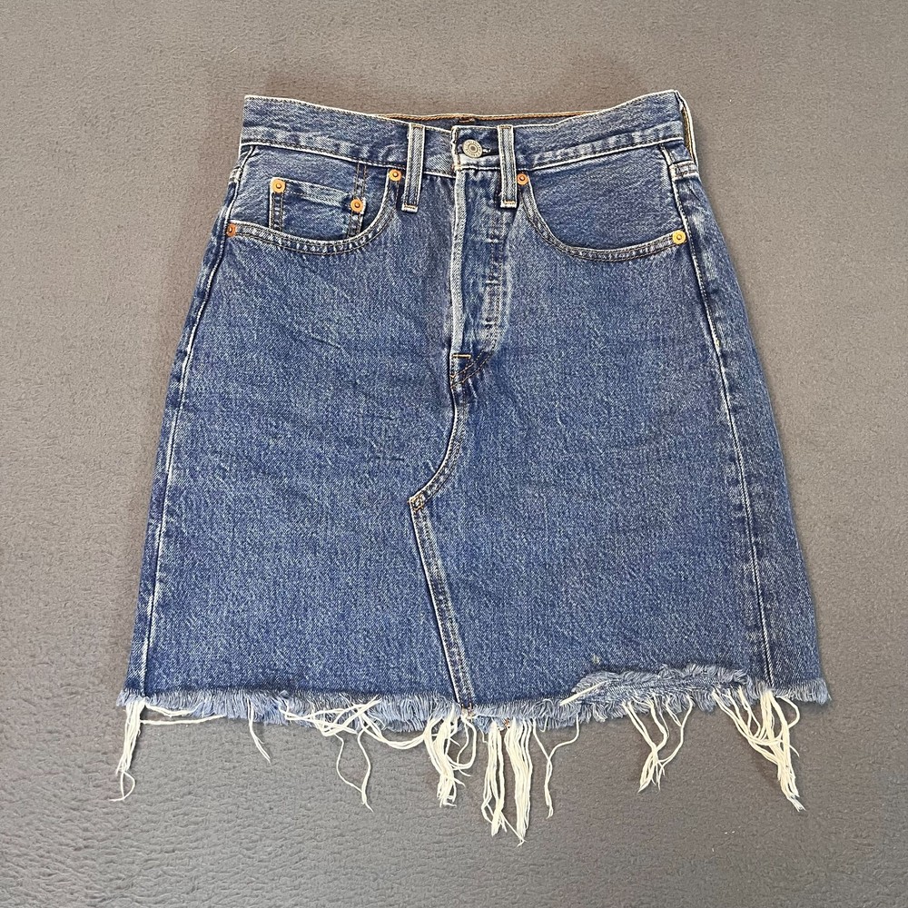 Levi's Women's Denim Pencil Skirt Size 24 Dark Wash Jean Mini Raw Hem Pkts 17.5L