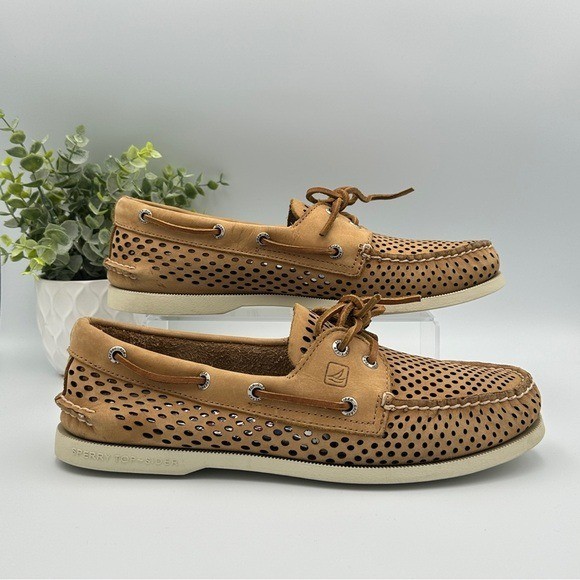 Sperry Men's Top Sider Perforated Brown Leather Lace Up Shoes Size 9.5