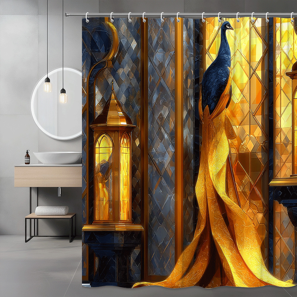 Peacock Shower Curtain Blue Gold Stained Glass Graphic