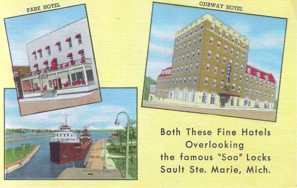 Sault Ste. Marie Michigan MI ~ Leon A. Deglman Hotels, Park & Ojibway Postcard