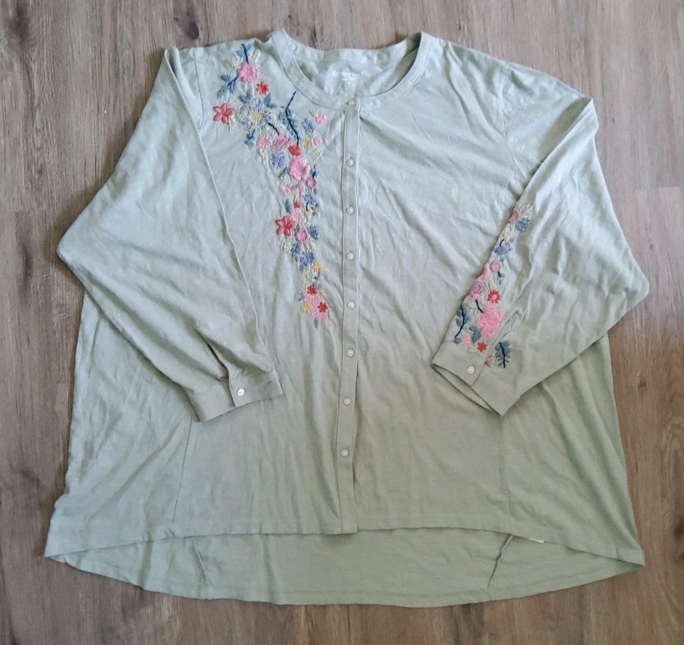 Coldwater Creek Women's Green Button Down Top Size 3X Embroidered Flowers
