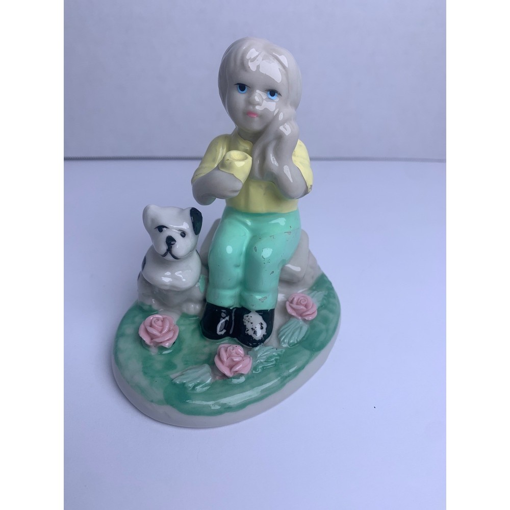 Vintage Ceramic Boy with Dog Figurine Hand Painted Porcelain Statue 4.5 Inch