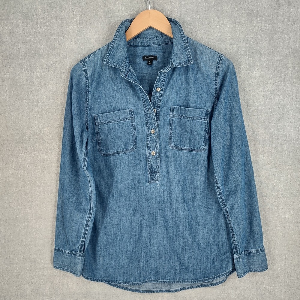 Talbots Top Women Small Blue Denim Henley Pullover Minimalist Western Pockets